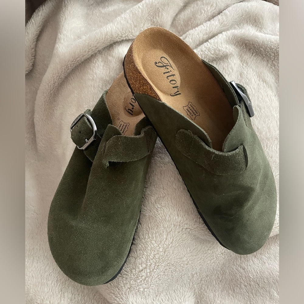 Olive Green Suede Mules